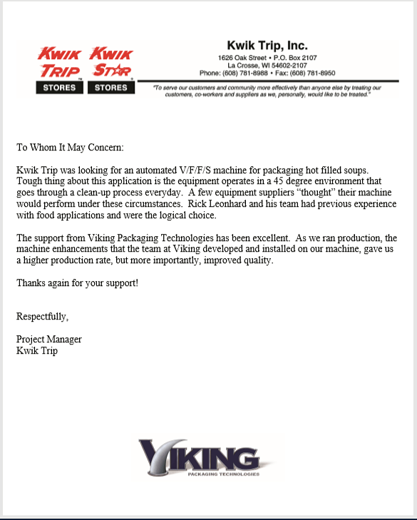 Kwik Trip letter of recommendation