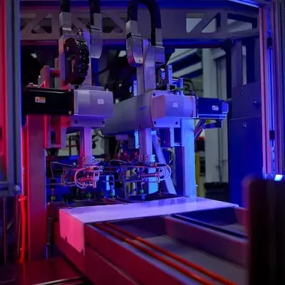 A Festo robotic gantry system illuminated by dramatic blue and red lighting, positioned over a conveyor platform inside an automated industrial machine enclosure.